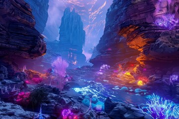 Creative colorful landscape of a futuristic canyon, featuring neonlit rock formations and glowing flora, enhanced with cyberpunk 80s color, sharpen landscape