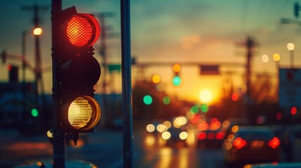 A traffic light at a busy intersection during sunset, with warm hues illuminating the scene.