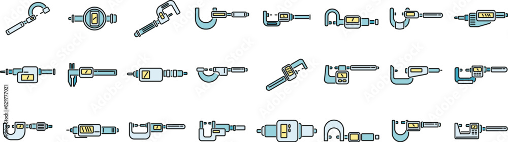 Poster digital micrometer icons set outline vector. caliper ruler. device construction thin line color flat