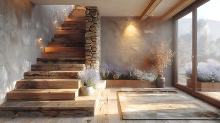A rustic hallway with a wooden staircase, stone-clad wall, and modern entrance door, creating a cozy home ambiance