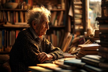 An old woman is seated at a table in front of a bookshelf in a library - Powered by Adobe