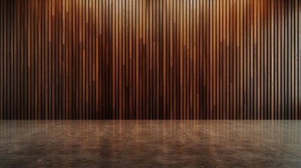Wall with wood background. Texture of wooden panels made of vertical slats. Template for design empty room studio. Corrugated plank boards.