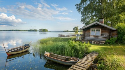 A traditional wooden Finnish sauna cottage sits serenely by a lakeside, accompanied by a quaint pier and a fishing boat. The summer landscape, with its lush greenery and calm waters