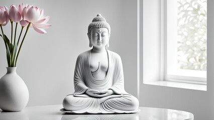 serene white Buddha statue seated in a meditative pose, exuding tranquility and peace.