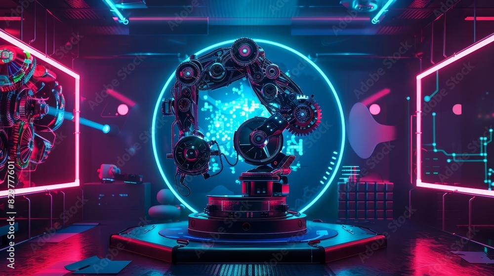 Aufkleber empty studio with a podium of a futuristic robot, featuring intricate gears and circuits, in a vibra