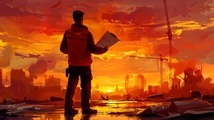 Fototapeta premium A construction worker stands with plans at sunset, overlooking a city skyline under construction with cranes and vibrant orange skies.