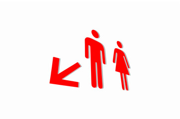 Red Men's and women's on grey shadow restroom symbols and arrows pointing downwards isolated on white background, Illustration vector designd, arrow guides 3D figures