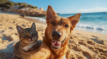 Dog taking selfie with his cat friend at the beach
