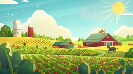 A vibrant farm comes to life with workers harvesting crops, animals roaming freely, and the sun shining brightly overhead. The energy and productivity of the farm are palpable