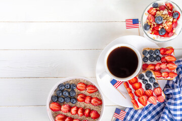 USA patriotic breakfast or brunch with american flag decorated oatmeal, layered yogurt granola...