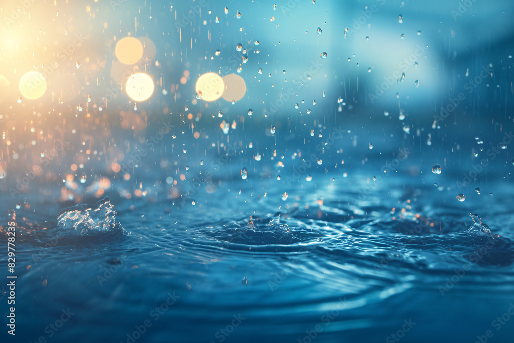 Poster close-up of raindrops splashing on a water surface with blurred lights in the background