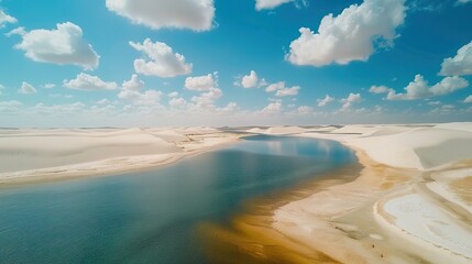Lencois Maranhenses. A dazzling landscape of dunes and rain lakes. Natural rainwater pool in white sand desert. Nature and travel concept.