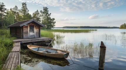 Fototapeta premium A wooden sauna cottage in Finland sits by a picturesque lake, with a fishing boat tied to the pier. 