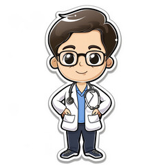 Cartoon doctor character with glasses and stethoscope. Medical professional theme. Doctor sticker.