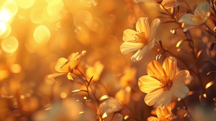 Beautiful yellow flowers illuminated by warm sunlight, creating a dreamy and golden bokeh background. Perfect for nature and summer themes.