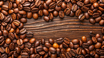 Roasted coffee beans form a frame and border around a rustic burlap background
