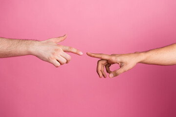 Photo of two people touch point fingers at each other isolated pastel color background