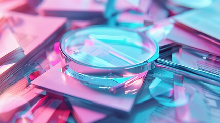 A magnifying glass scanning through a pile of digital documents.