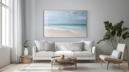 Frame mockup, this artwork transports viewers to a peaceful seaside retreat within their home