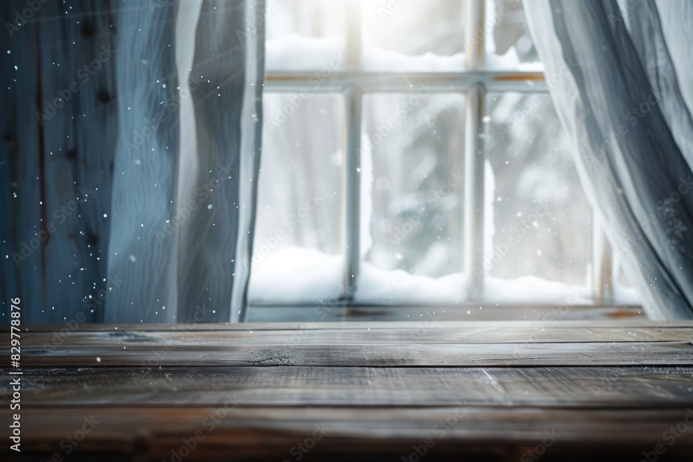 Poster a window with snow on the outside and a curtain drawn. the window is open, letting in a cold breeze
