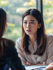 Fototapeta premium Two women are sitting at a table, one of them is wearing a black jacket. The woman in the black jacket is looking at the other woman, who is wearing a white shirt. Scene is serious and focused
