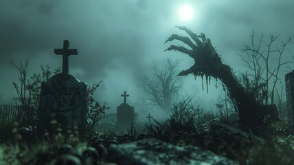 Eerie graveyard scene with a zombie hand emerging from the ground under moonlight, creating a spooky atmosphere.