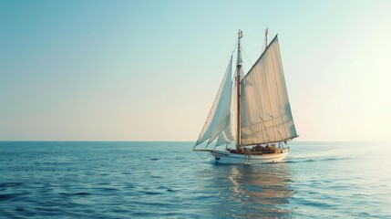 Fototapeta premium Against the background of the ocean, the sailboat glided gracefully across the horizon, its sails billowing in the gentle breeze.
