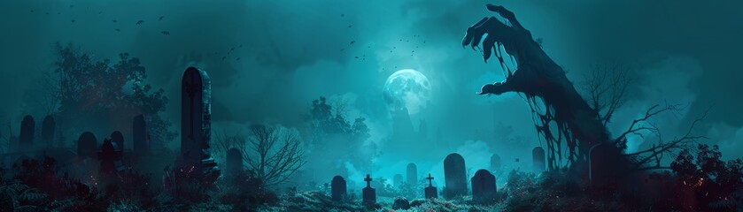 Eerie night scene in a haunted graveyard with tombstones and a creepy claw-like tree under a bright full moon.