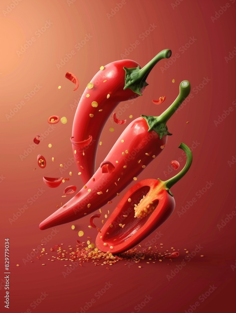 Poster three red peppers are shown in a close up with one of them sliced open. the peppers are surrounded b