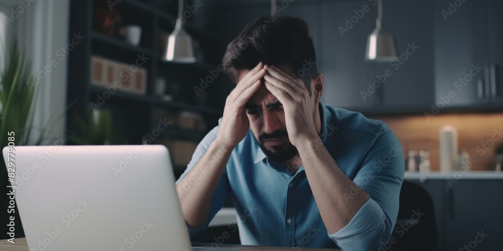 Poster a man is sitting at a table with a laptop in front of him. he is looking at the screen with a worrie