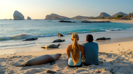 A man and a woman travel to the Galapagos Islands. A married couple enjoys the sunset on the beach of the Galapagos Islands. Travel to Ecuador.