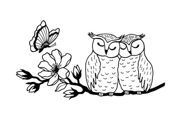 Two owls together, in love. On a branch. Butterfly. Vector stock illustration eps10. Isolate on a white background, outline. Hand drawing. Adobe Illustrator Artwork