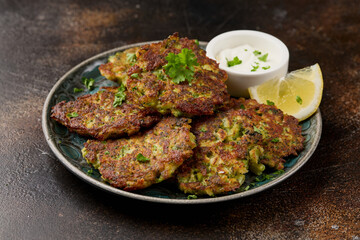 Fried Broccoli fritters or pancakes with parmesan and mozzarella cheese