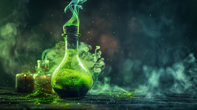 A detailed shot of a glowing green potion in a glass bottle, with mist swirling around.