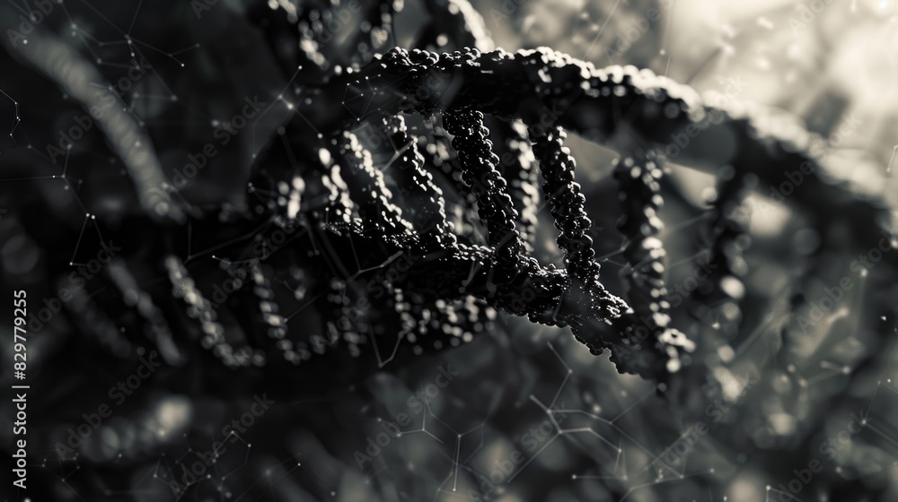 Poster a close up of a dna strand with a blurry background. concept of mystery and complexity, as the viewe