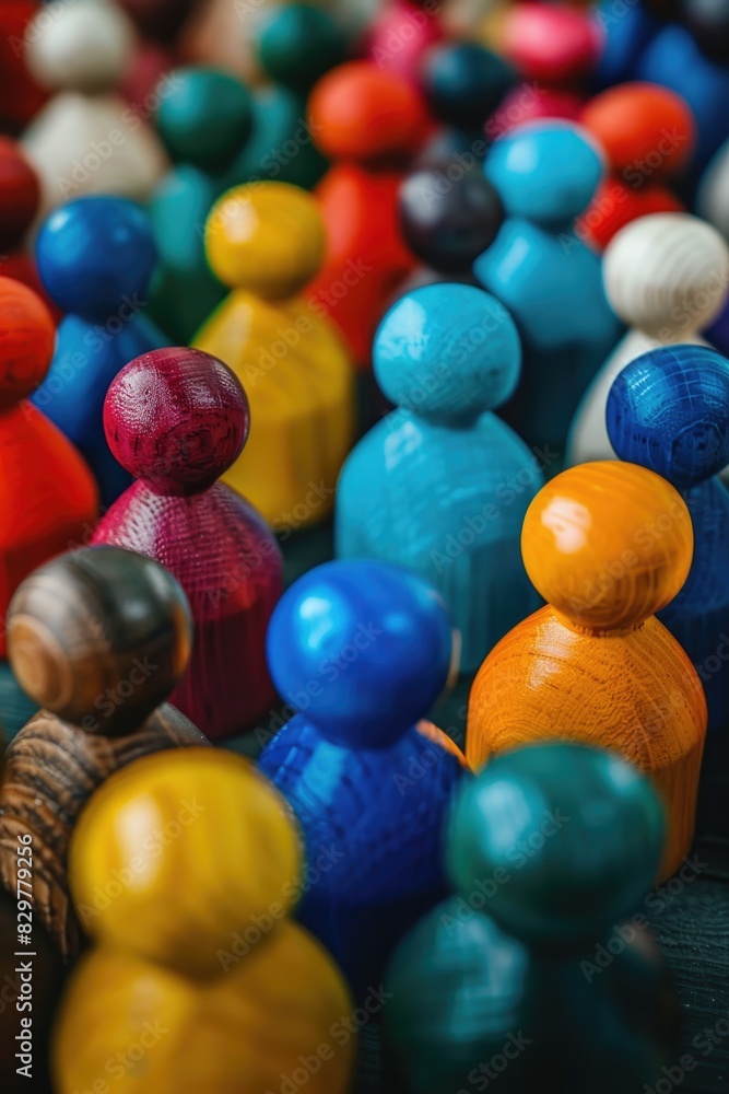 Poster a group of wooden people in various colors and sizes. the people are arranged in a way that they app