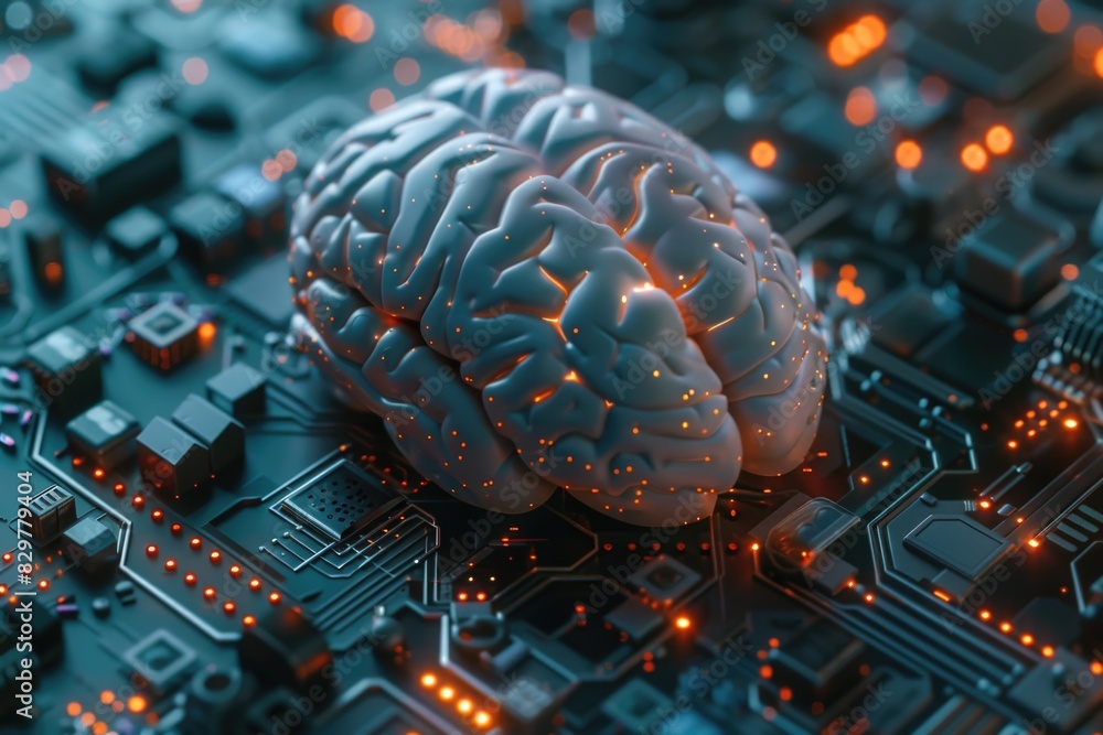 Poster a brain is shown on a computer chip. the brain is glowing with a bright orange light. concept of tec