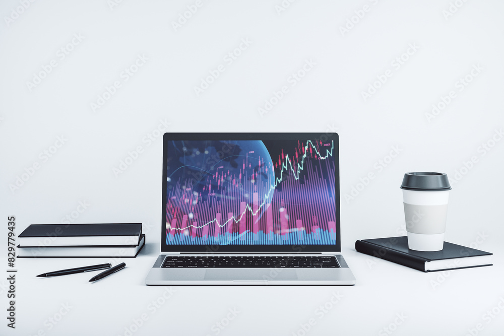 Poster abstract creative financial graph with world map on modern laptop screen, forex and investment conce
