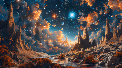 captivating mural featuring otherworldly alien landscape strange rock formation alien flora fauna mysterious sky filled unfamiliar constellation sparking imagination igniting sense of curiosity about 