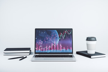 Abstract creative financial graph with world map on modern laptop screen, forex and investment concept. 3D Rendering