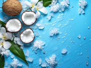 A blue background with a few pieces of ice and a few pieces of coconut. The coconut is cut in half and the ice is scattered around it
