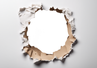 Close-up of a large torn hole in white paper with rough edges isolate on transparent background, cutout, png