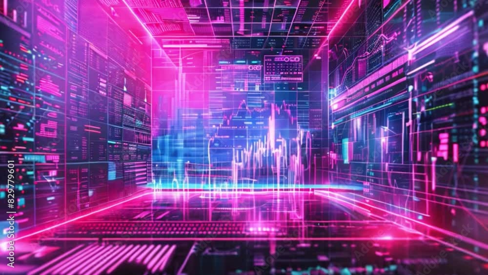 Poster a high-tech data center filled with vibrant holographic screens displaying complex financial graphs 