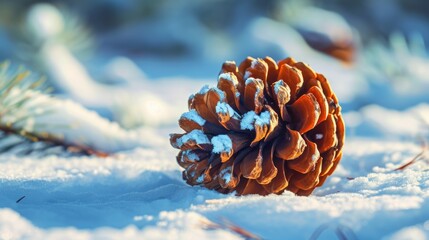 A snow covered pine cone sits on the ground