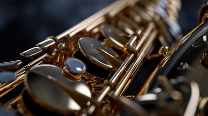 Obraz premium A close up of a gold colored saxophone. The instrument is shiny and has a warm, inviting tone. Concept of elegance and sophistication, as well as a love for music and the arts