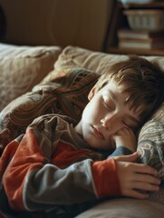A boy is sleeping on a couch with a pillow. The pillow is covered in a pattern. The boy is wearing a striped shirt