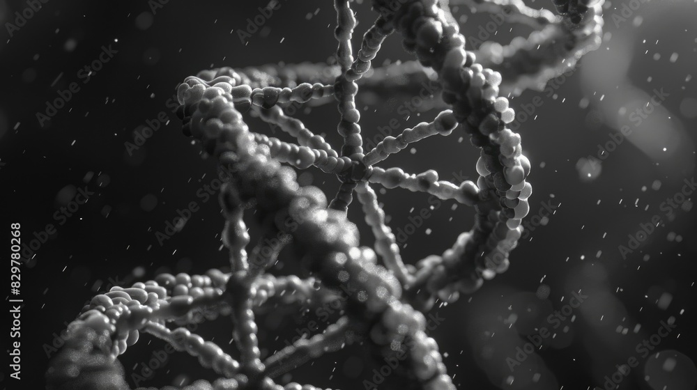 Poster a close up of a dna strand with a blurry background. concept of mystery and complexity, as the intri
