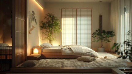 Fototapeta premium A tranquil bedroom with a Zen-inspired design, low furniture, soft lighting, and a calming color palette.