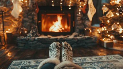 A person is sitting in front of a fireplace with their feet up. The fireplace is lit, and there are several Christmas decorations around the room, including a tree and stockings - Powered by Adobe