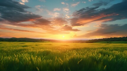 Sunset over a grassy field. Generative AI.
